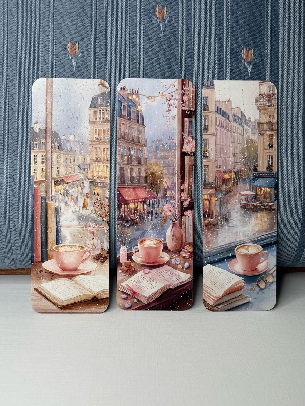 Pink Cafe Scene Bookmark Set - Artistic Home Office Notebooks & Journals
